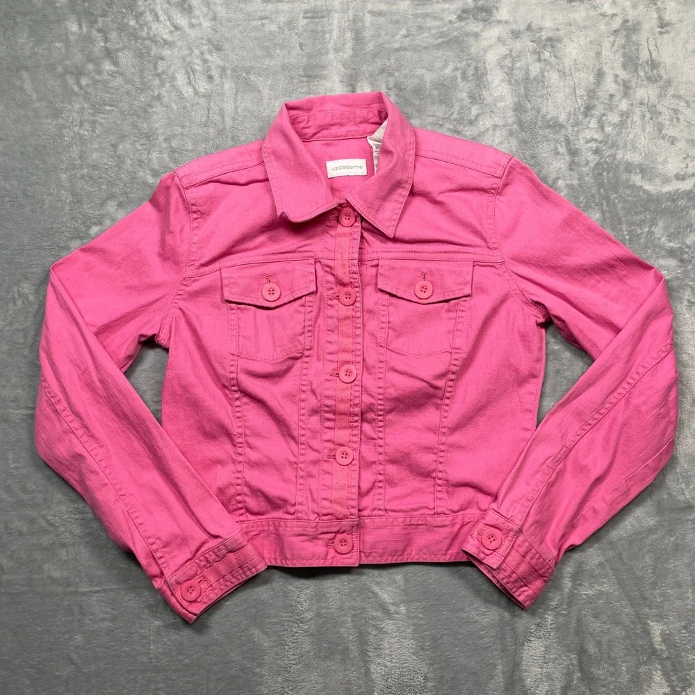 Liz Claiborne Denim Jacket Womens Small Pink Stretch Button Front‎ Trucker Coat